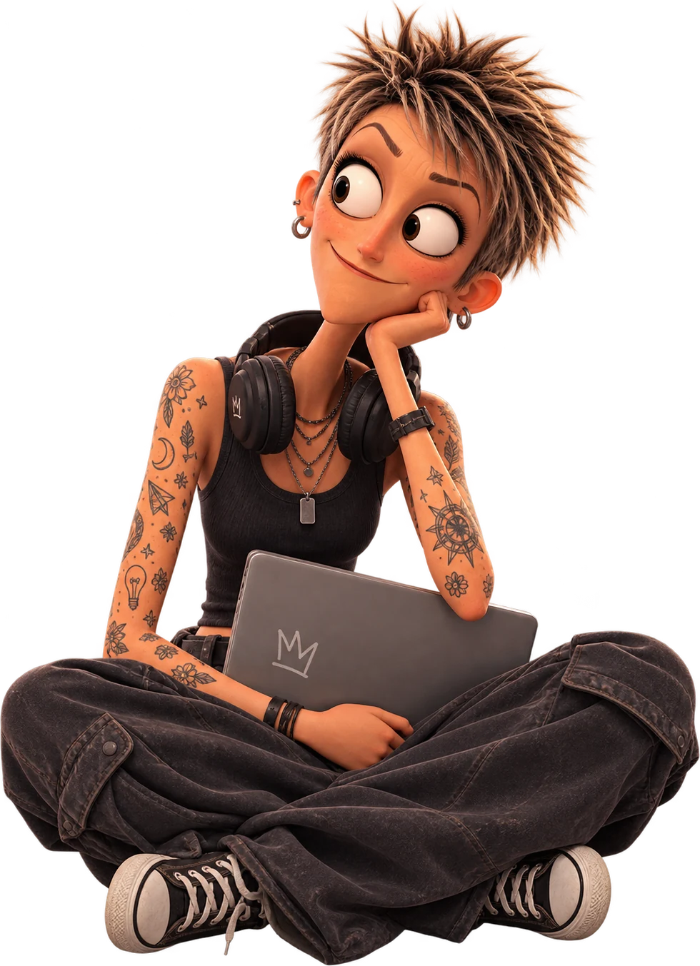KI-generierte Illustration: Julia sitzt im Schneidersitz, Kopfhörer um den Hals, Laptop auf dem Schoß, und schaut zu Svenja