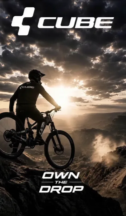KI-generiertes Motiv aus dem Spec Spot für Cube: ein Mountainbiker springt vor dramatischem Himmel, darunter „Own the Drop“.