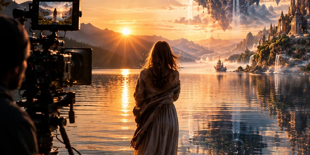 KI-generiertes Bild: Dreh am See bei Sonnenuntergang: vorn Kamera und Darstellerin, im Hintergrund ein schwebendes Fantasyschloss mit Wasserfällen.